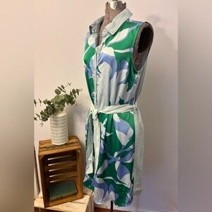 Tribal Sleeveless Shirt Dress Snaps Waist Tie Blue Green Denim SMALL NWT